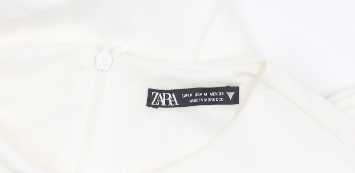 Zara Women White Bodycon Mini Dress Size 12 Ruched Long Sleeve Party