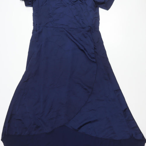 Missguided Women’s Blue Hi-Low Wrap Dress Size 10 Short Sleeve V-Neck
