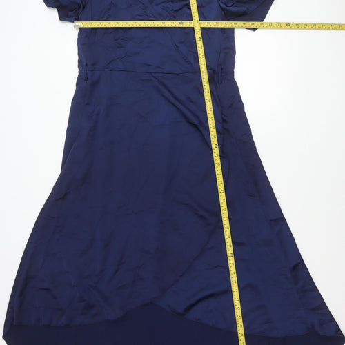 Missguided Women’s Blue Hi-Low Wrap Dress Size 10 Short Sleeve V-Neck