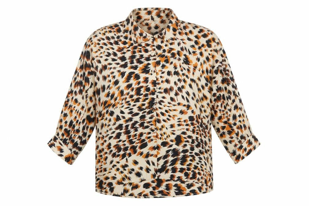 Front view of Saloos women’s multicoloured animal print button-up blouse, size UK 18