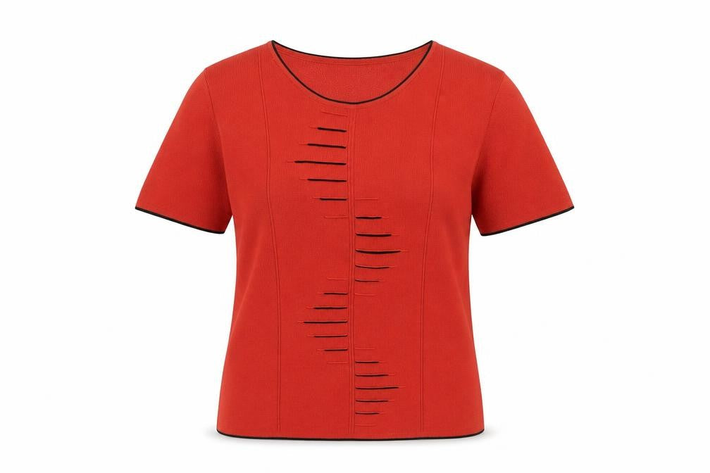 Front view of Just Elegance women’s red knit scoop neck short sleeve top l