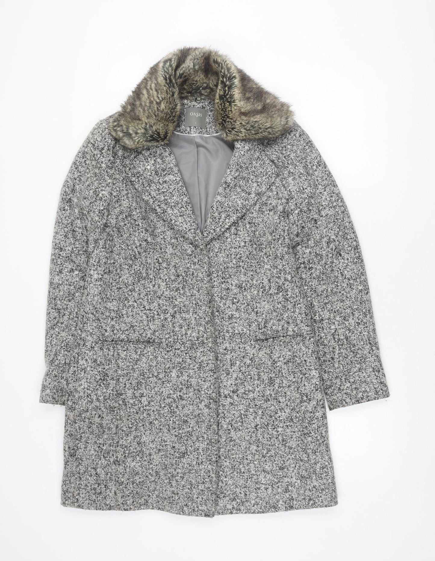 Oasis Womens Grey Wool Blend Faux Fur Collar Coat Size S