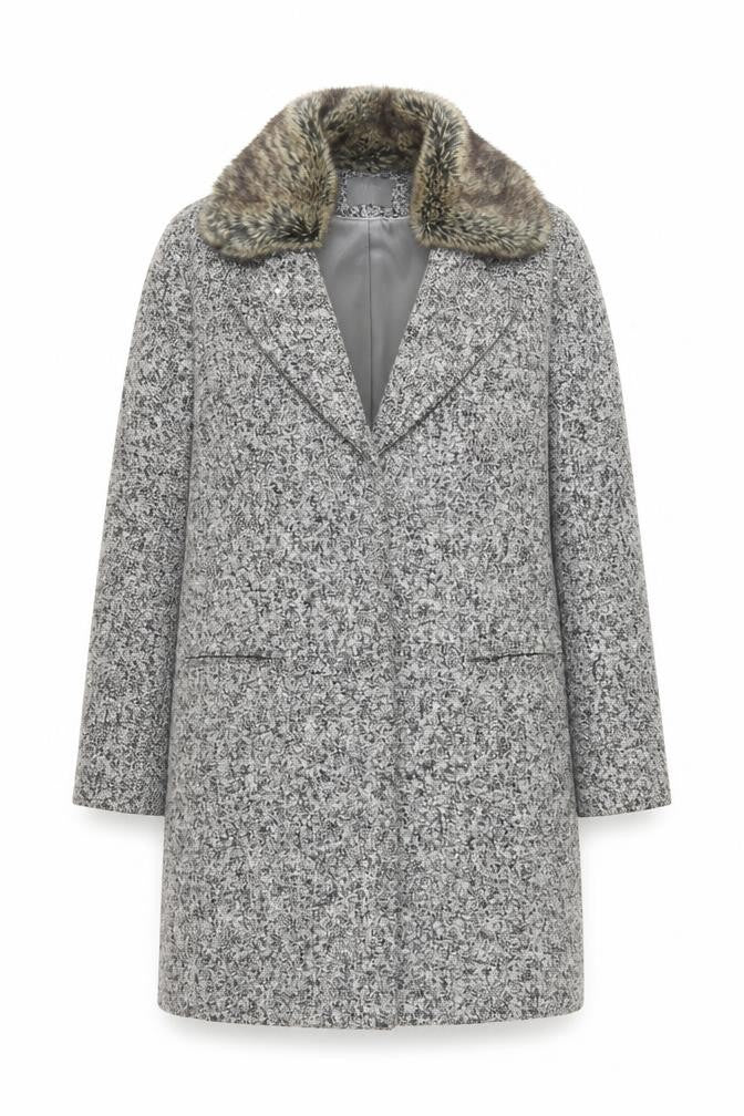 Front view of Oasis women’s grey wool blend faux fur collar coat, size S