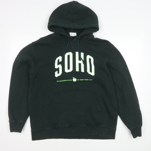 H&M Men’s Green Pullover Hoodie L Logo SOHO Graphic Print