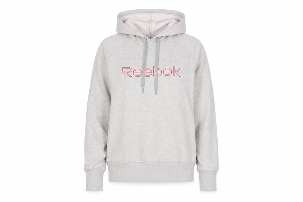 Front view of Reebok women’s grey hoodie small cotton blend pullover logo sportswear