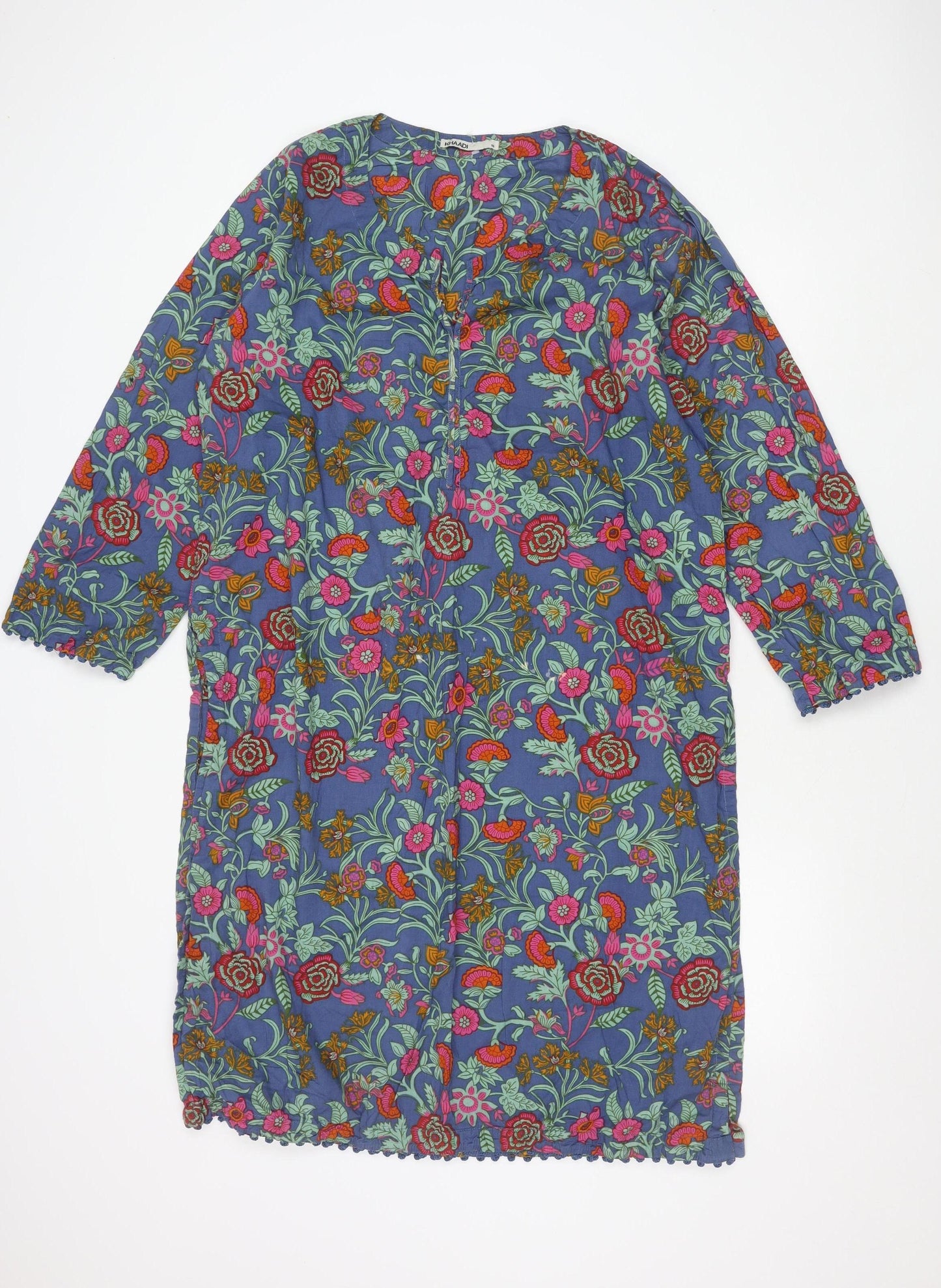 Khaadi Women’s Blue Floral Cotton Shift Dress Size 16 Long Sleeve