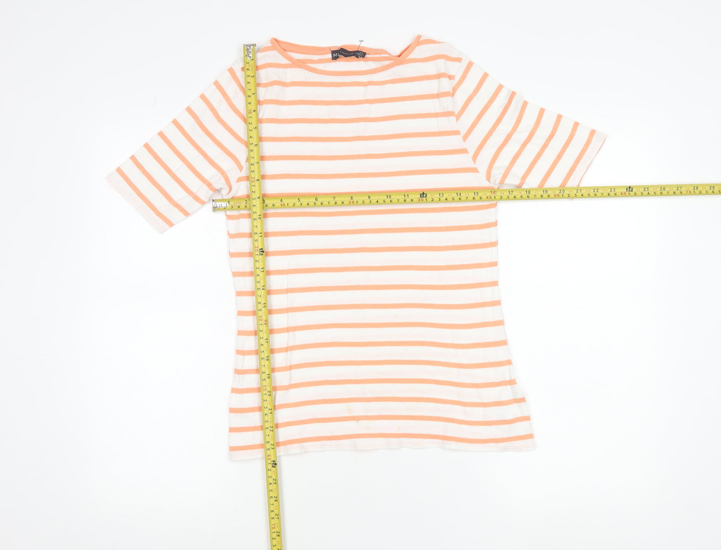 Marks and Spencer Womens Orange White Striped Cotton Boat Neck T-Shirt Size 12