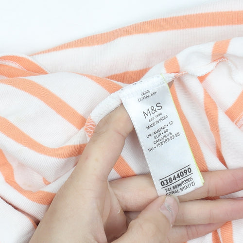 Marks and Spencer Womens Orange White Striped Cotton Boat Neck T-Shirt Size 12