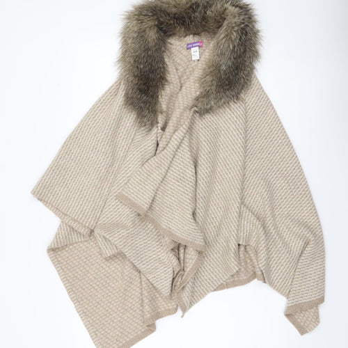Alice Hannah Women Beige Wool Blend Cape with Faux Fur Collar Size M