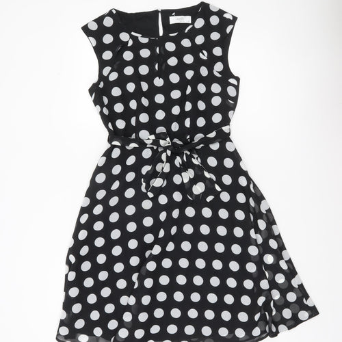 Wallis Womens Petite Black Polka Dot A-Line Knee Dress UK 10
