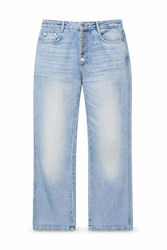 Front view of Zara women’s blue high rise straight leg jeans, size UK 10