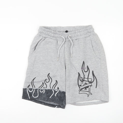 boohooMAN Men’s Grey Graphic Sweat Shorts Small Elastic Waist