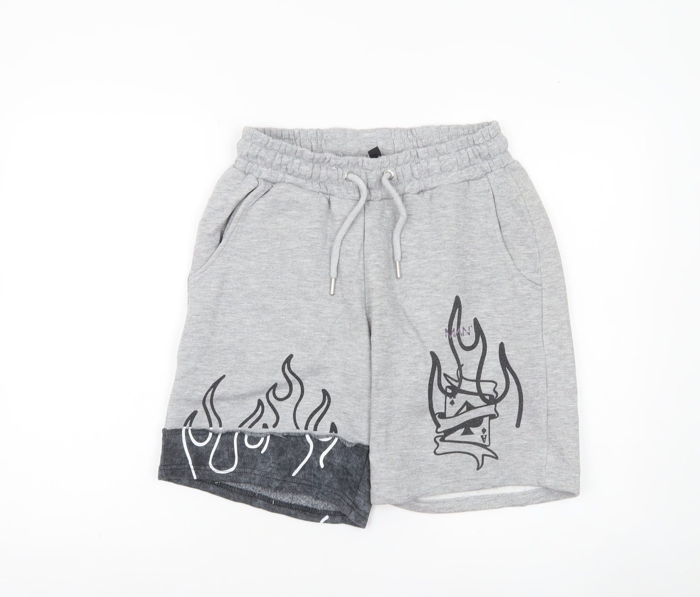 boohooMAN Men’s Grey Graphic Sweat Shorts Small Elastic Waist