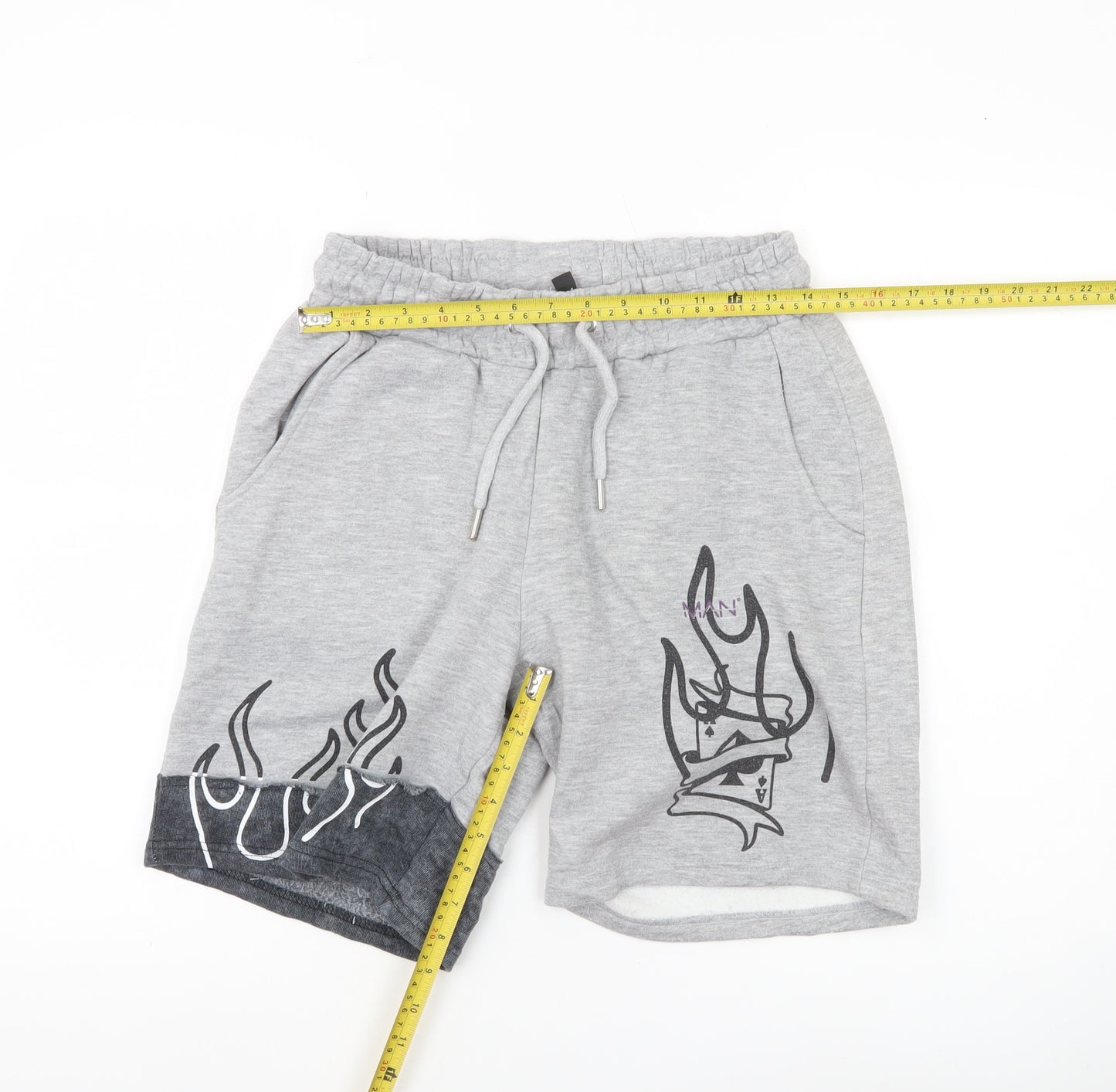 boohooMAN Men’s Grey Graphic Sweat Shorts Small Elastic Waist