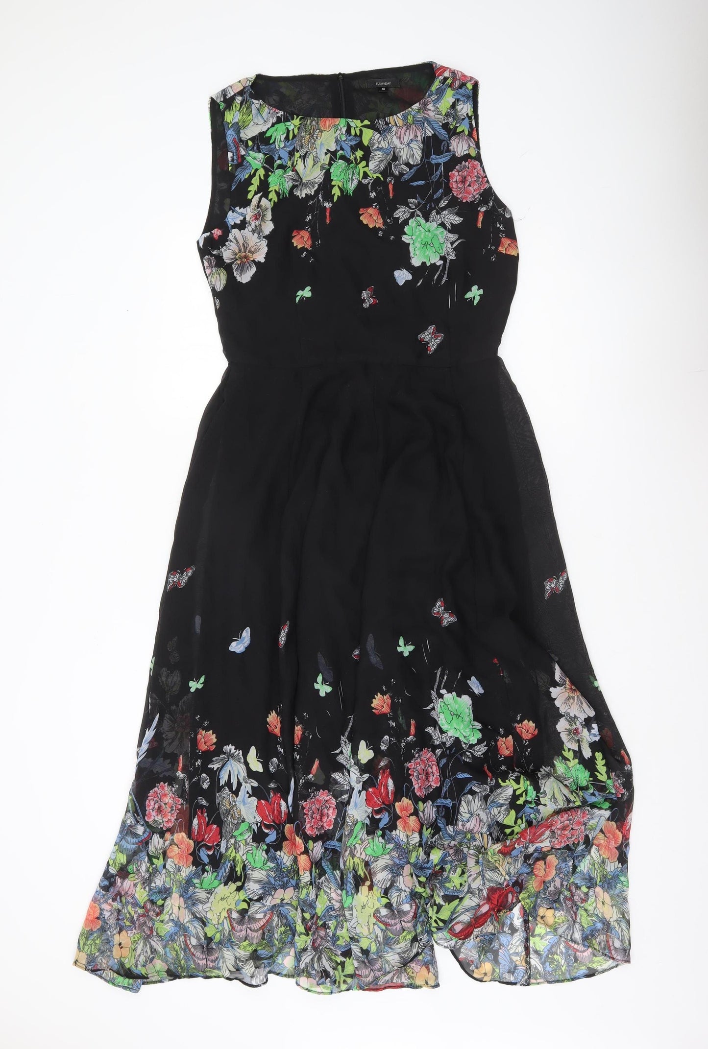 FLOIRYDAY Womens Black Floral A-Line Sleeveless Dress M