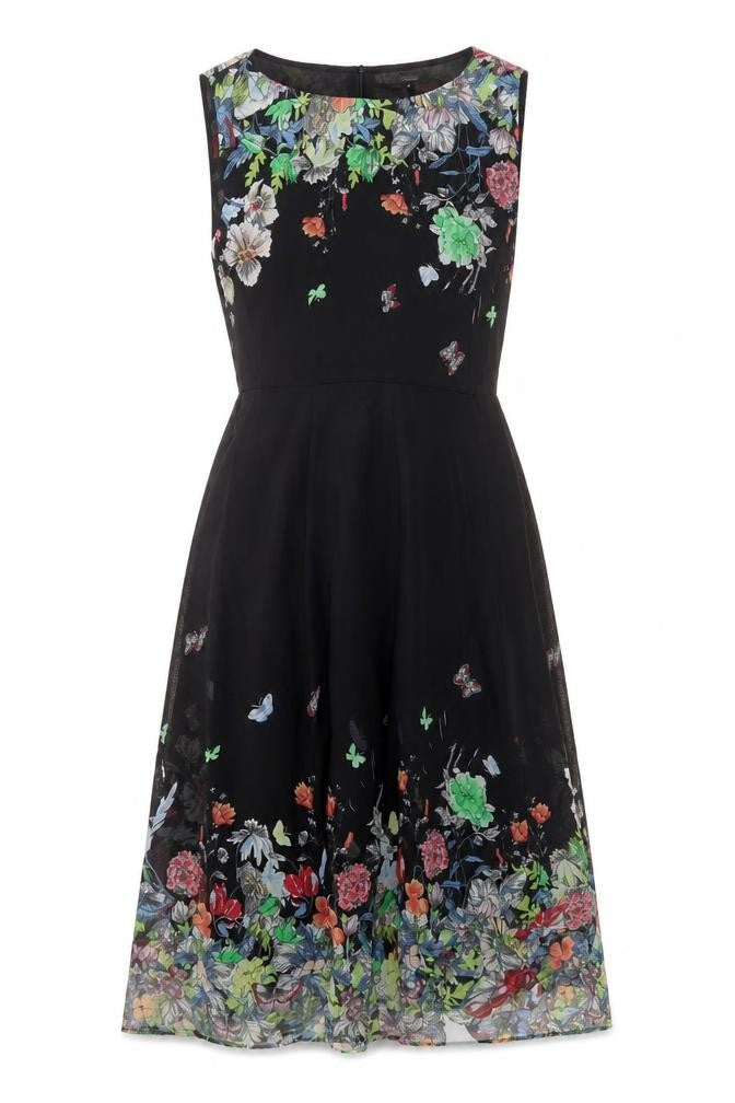 FLOIRYDAY Womens Black Floral A-Line Sleeveless Dress M