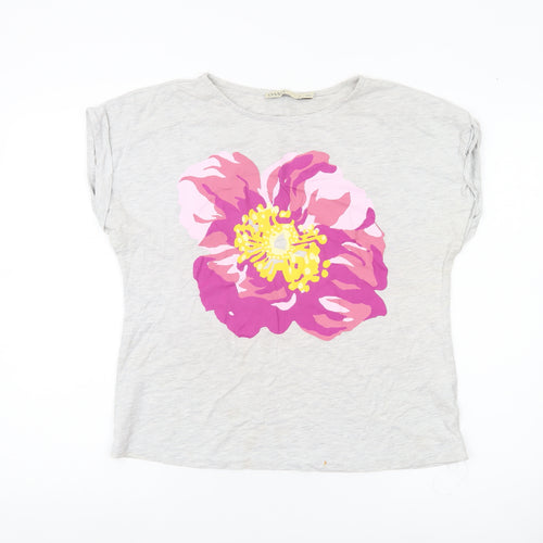 Oasis Womens Grey Floral Print Cotton T-Shirt UK M Casual Summer Tee