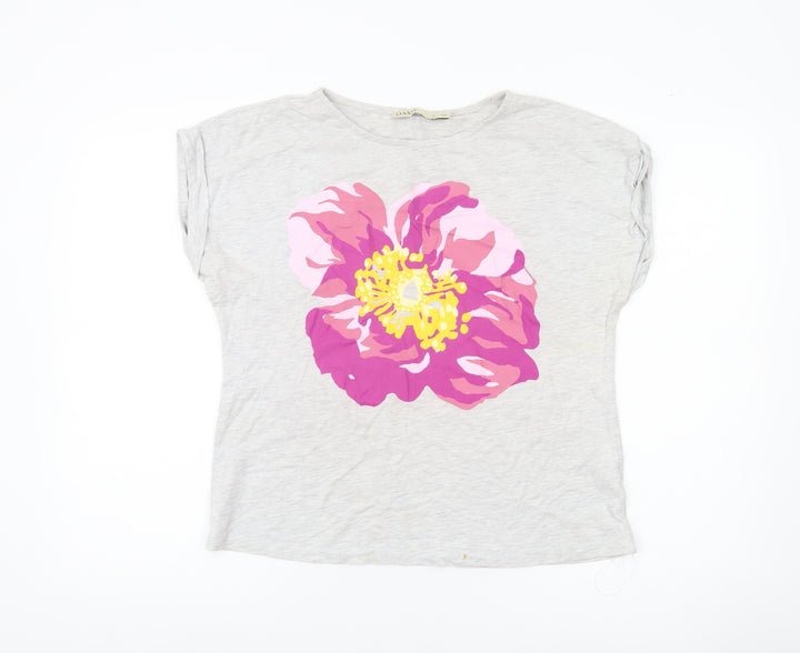 Oasis Womens Grey Floral Print Cotton T-Shirt UK M Casual Summer Tee