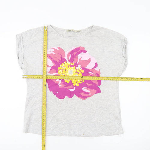 Oasis Womens Grey Floral Print Cotton T-Shirt UK M Casual Summer Tee