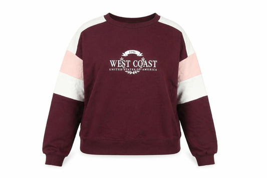 Front view of New Look women’s red colourblock crew neck logo pullover sweatshirt m