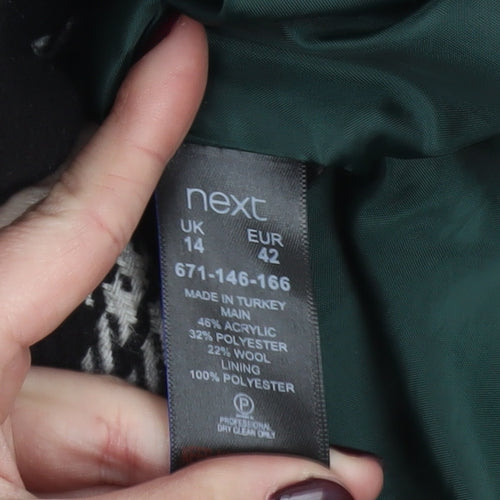 Next Womens Black Check Wool Blend Coat Size 14 Mid-Length