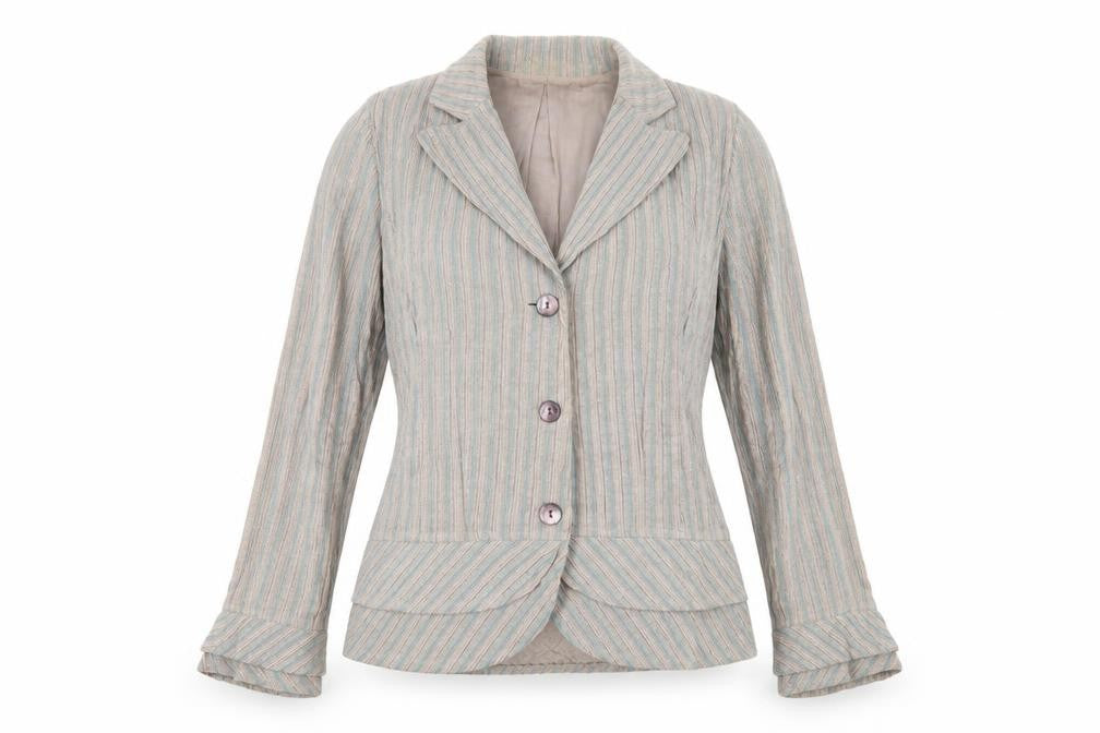 Front view of Adini Women Beige Striped suit jacket Small Cotton