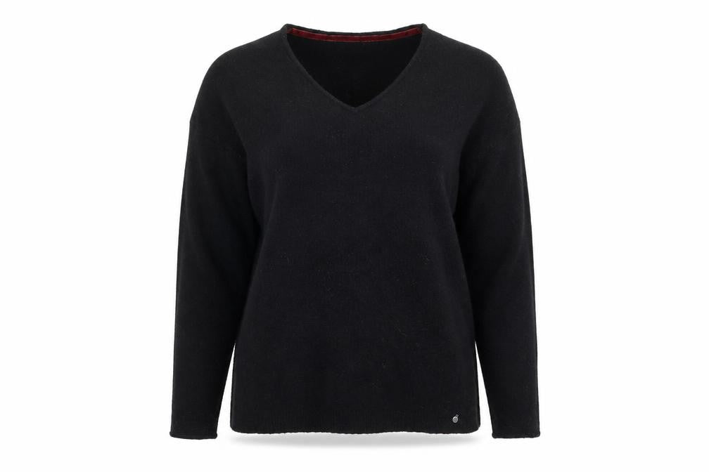 Front view of White Stuff women’s black wool blend v-neck jumper, size UK 8