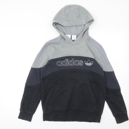Adidas Boys Grey Black Logo Pullover Hoodie 12-13Y Regular Fit Fleece