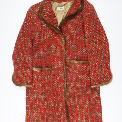 Jobis Womens Red Wool Blend Fur Trim Check Mid-Length Overcoat Size 14
