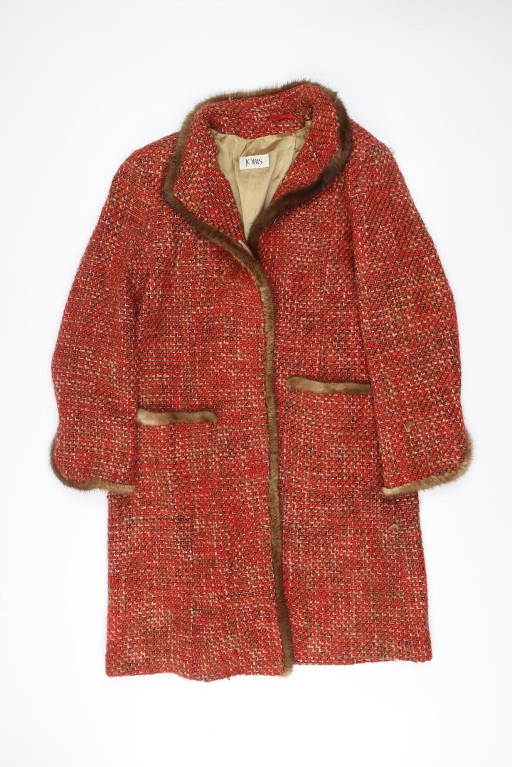 Jobis Womens Red Wool Blend Fur Trim Check Mid-Length Overcoat Size 14