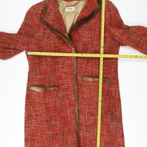 Jobis Womens Red Wool Blend Fur Trim Check Mid-Length Overcoat Size 14