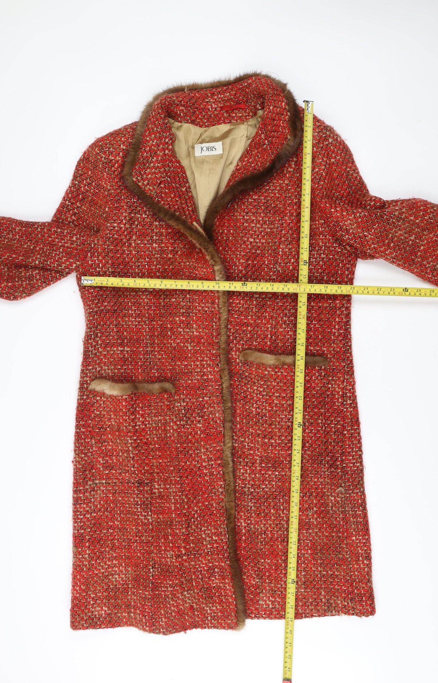 Jobis Womens Red Wool Blend Fur Trim Check Mid-Length Overcoat Size 14