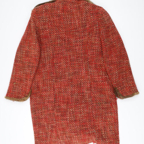 Jobis Womens Red Wool Blend Fur Trim Check Mid-Length Overcoat Size 14