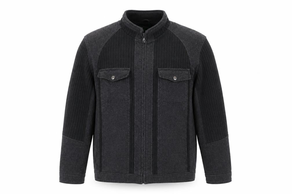 Front view of Greenwoods men’s black wool blend zip jacket, size L, casual workwear