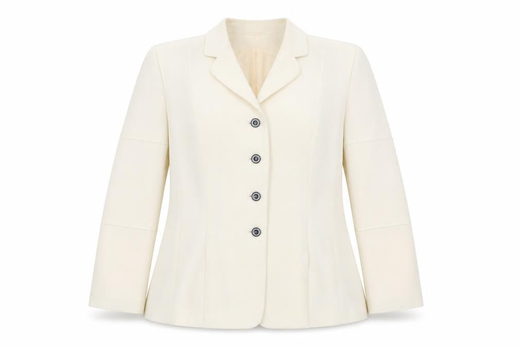 Front view of Eugen Klein women’s ivory polyester blazer, size UK 18, smart formal jacket
