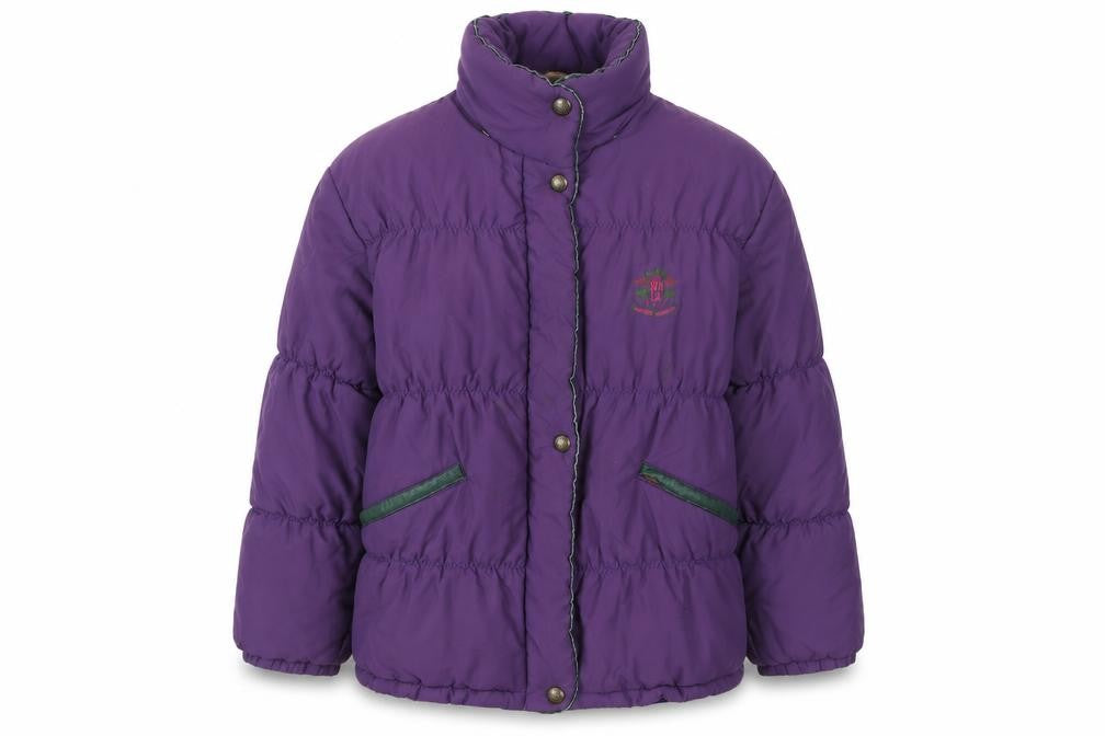 Front view of Skila women’s purple puffer jacket, size UK 10, winter quilted coat