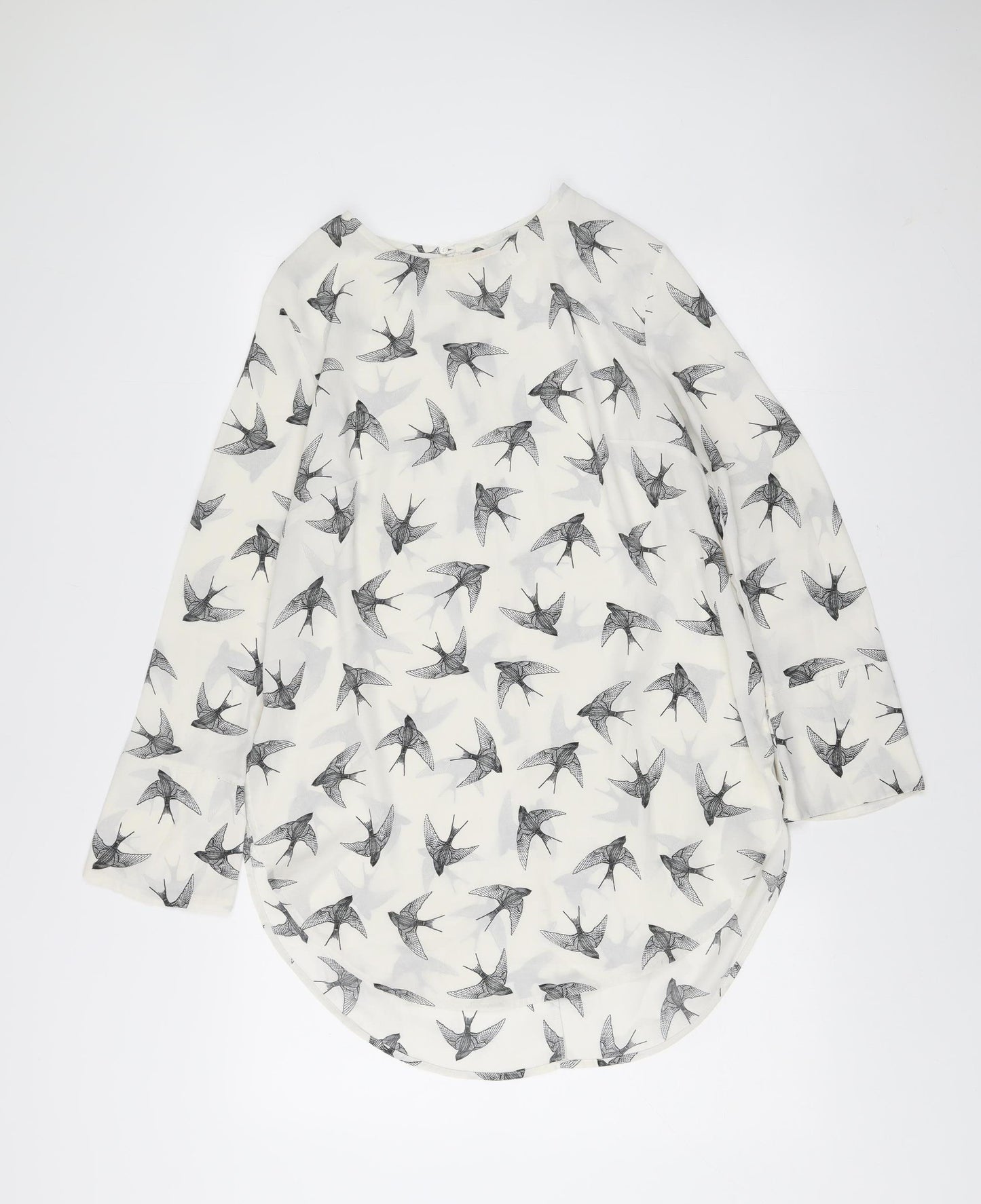 H&M Womens White Bird Print Shift Dress Size 10 Long Sleeve