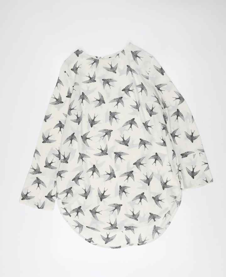H&M Womens White Bird Print Shift Dress Size 10 Long Sleeve