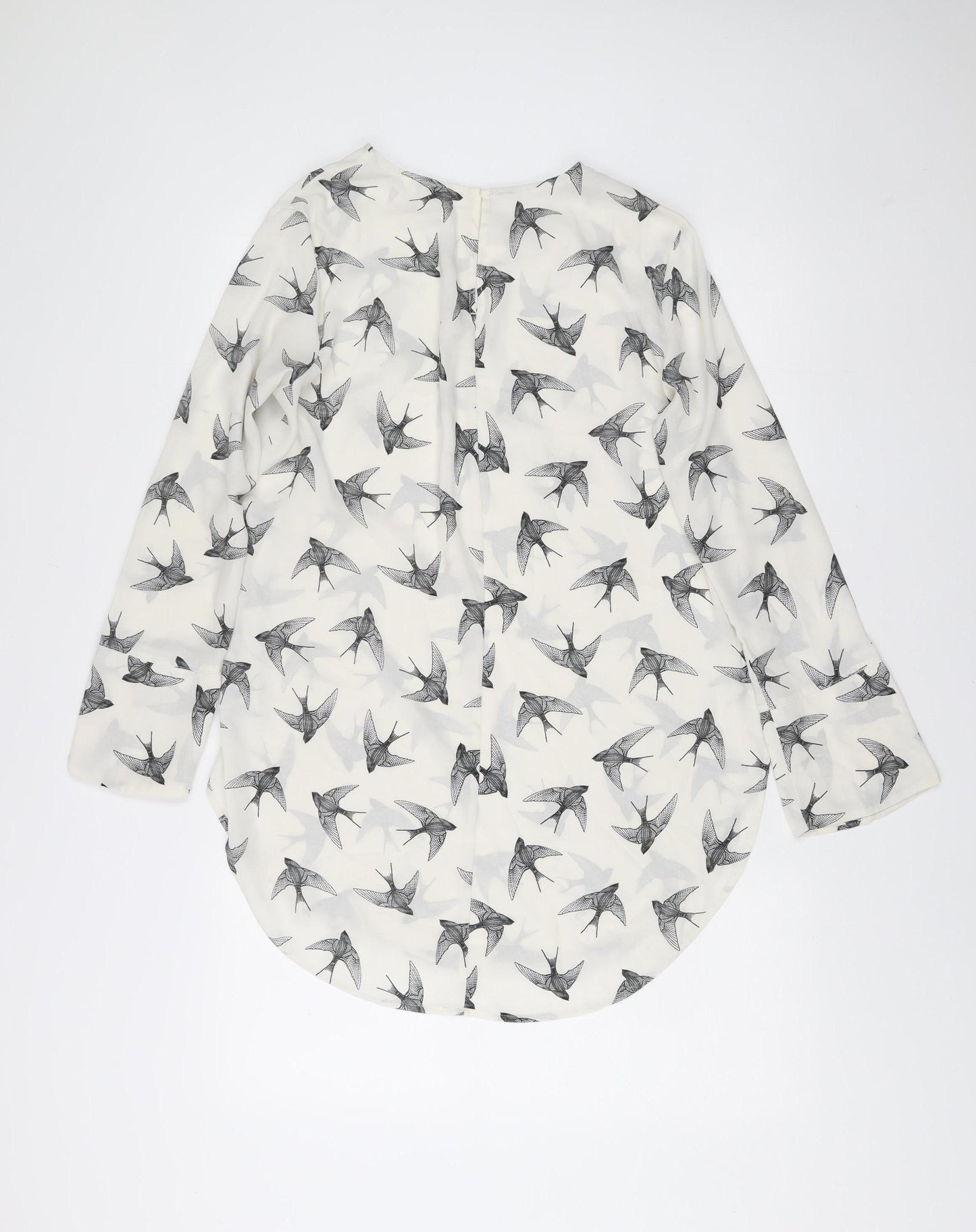 H&M Womens White Bird Print Shift Dress Size 10 Long Sleeve