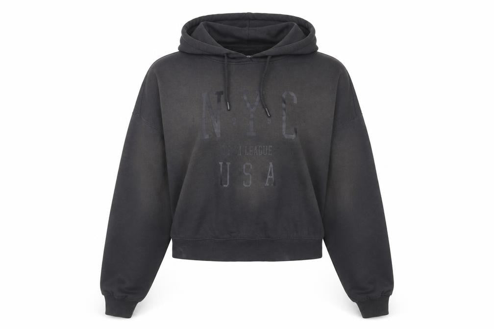Front view of Bershka women’s black l hoodie pullover nyc graphic cotton blend