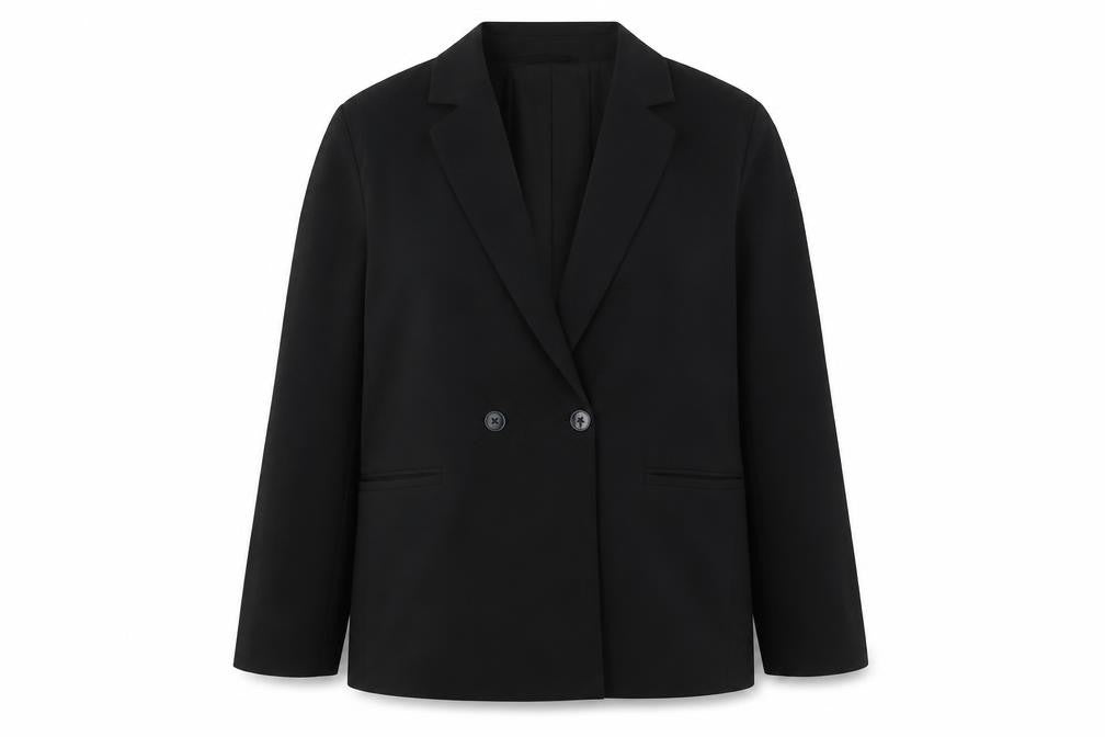 Front view of Bershka women’s black blazer, size L, double-breasted notch lapel workwear jacket
