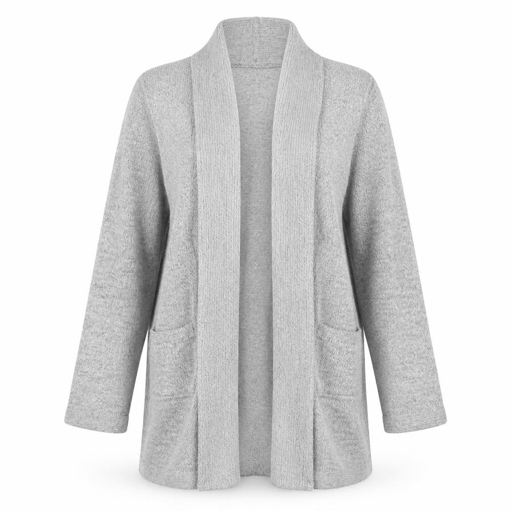 Front view of Mix El women’s grey l cardigan knit long sleeve open front