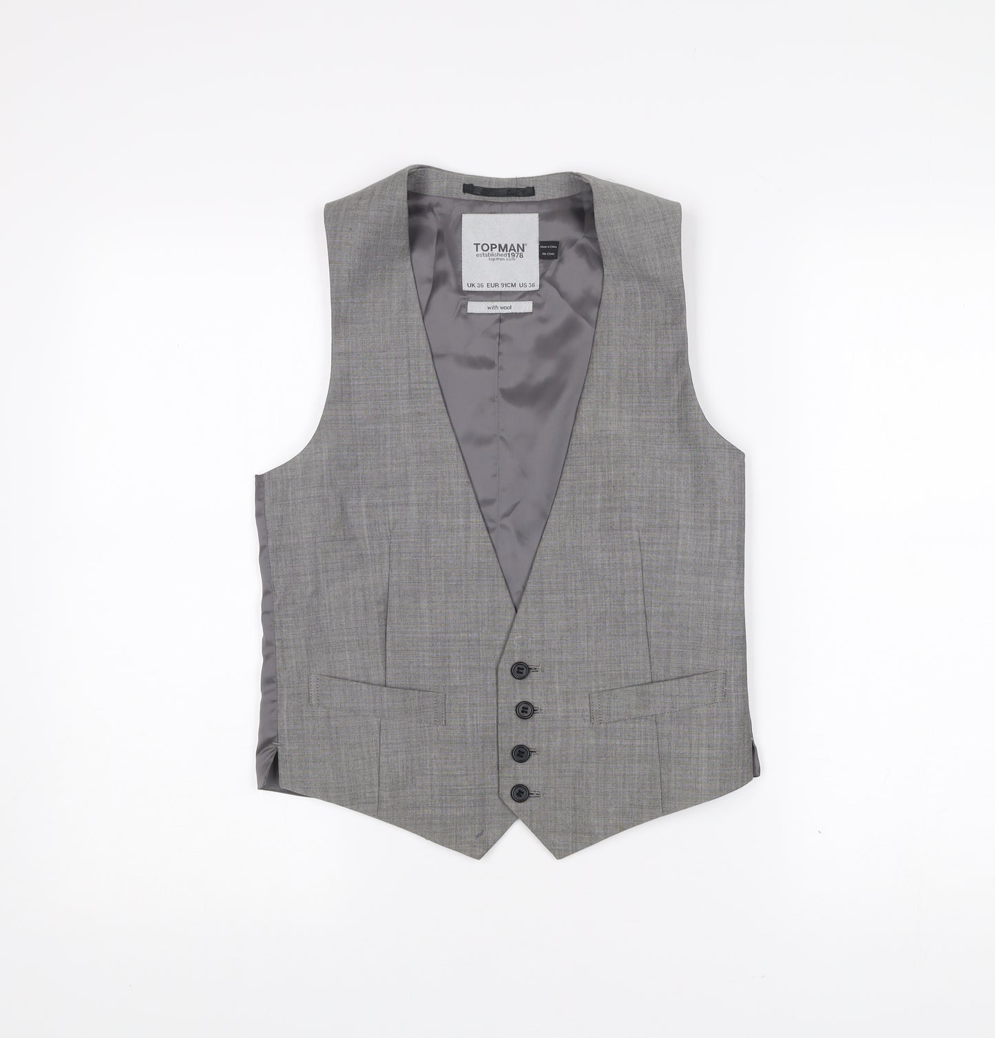 Topman Men's Grey Waistcoat Size 36 Slim Fit Wool Blend Formal