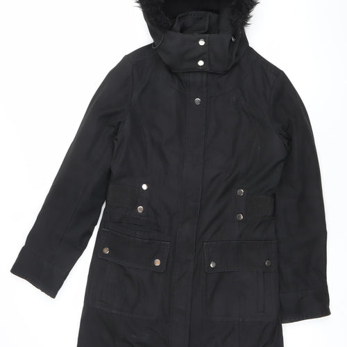 Principles Women’s Black Parka Coat Size 8 Faux Fur Hood Winter Jacket