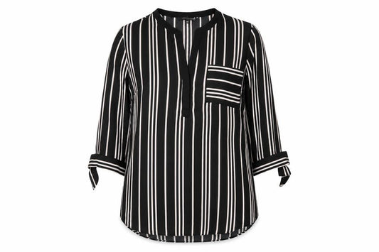 Front view of The Collection Debenhams women’s black striped blouse, size UK 12, v-neck 3/4 sleeve