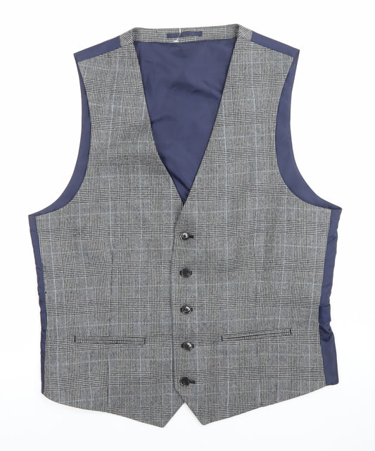 Front view of Burton Menswear Men's Grey Checked Wool Waistcoat, size M, 38-41" Chest