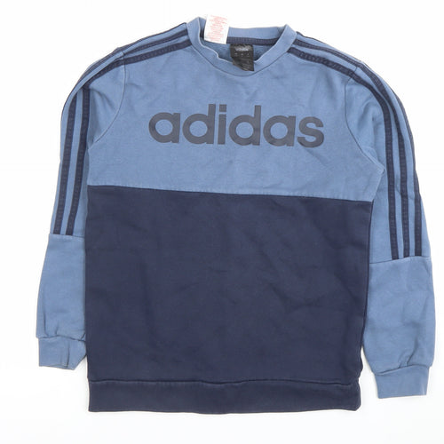 Adidas Boys Blue Pullover Sweatshirt 11-12 Years Logo Colourblock Cotton Blend