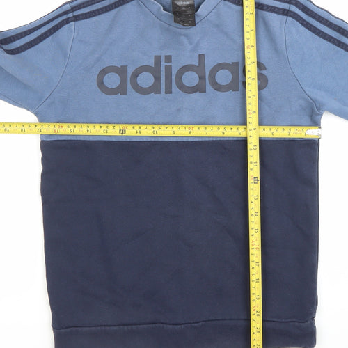 Adidas Boys Blue Pullover Sweatshirt 11-12 Years Logo Colourblock Cotton Blend
