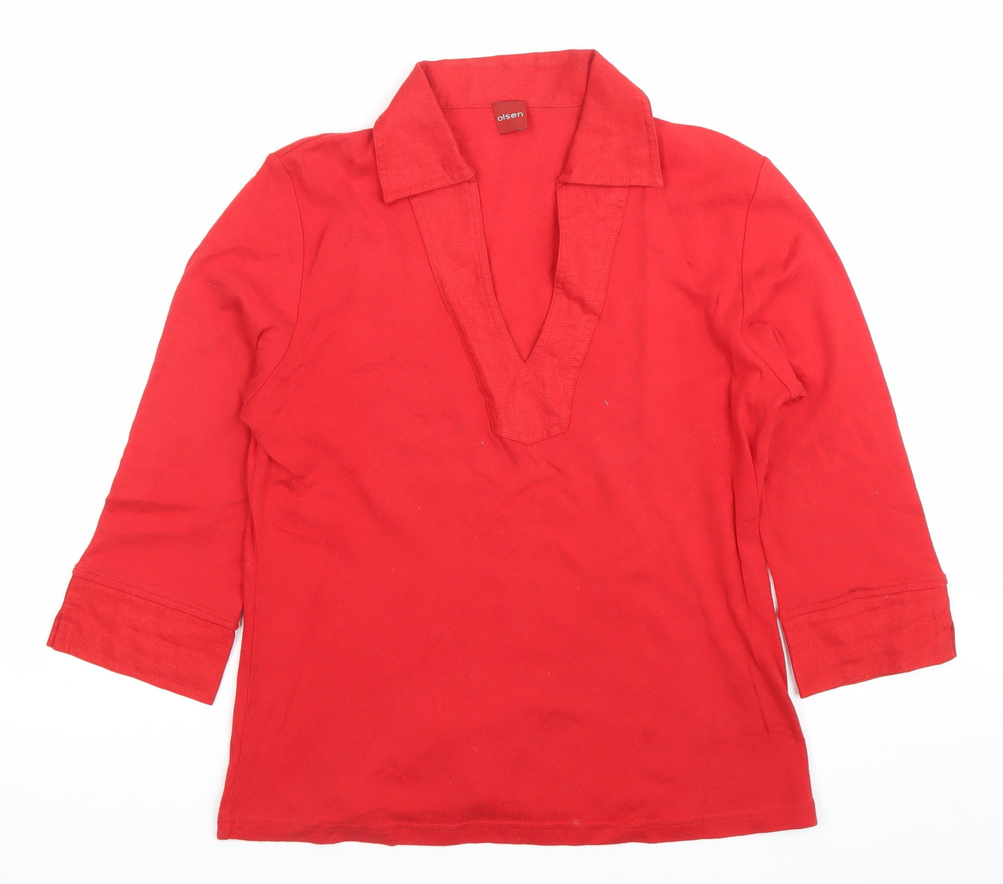 Olsen Women’s Red Cotton Tunic Blouse Size 12 Collared 3/4 Sleeve