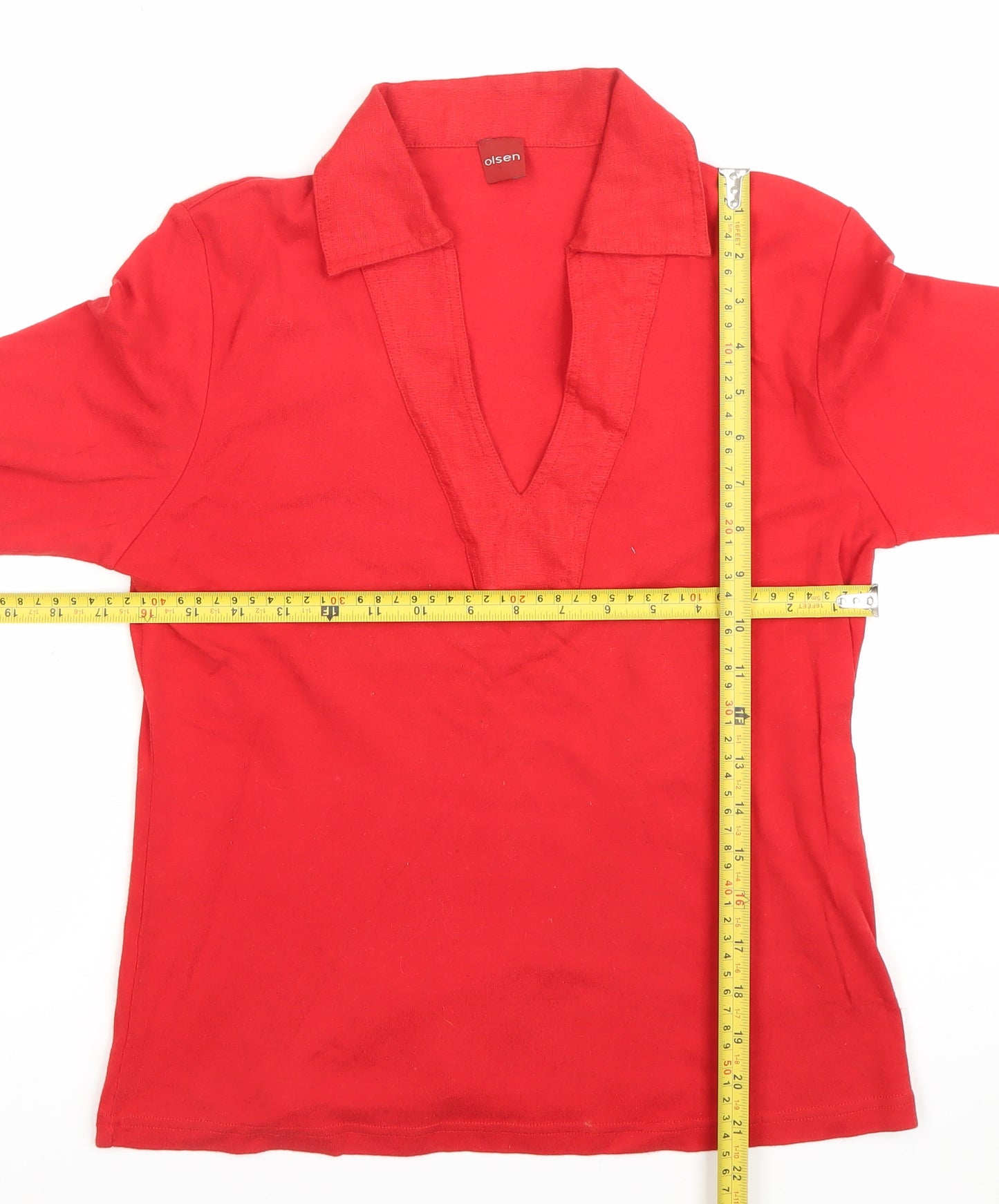 Olsen Women’s Red Cotton Tunic Blouse Size 12 Collared 3/4 Sleeve